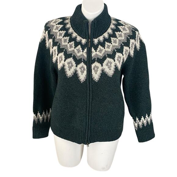 L.L. BEAN Women’s XL Petite Fair Isle Sweater 100 % Lambs Wool Green Full Zip - Picture 1 of 10